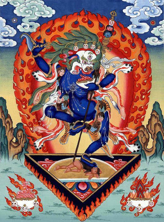 Lion-faced Dakini - Simhamukha - -Simhavaktra -Longsal Sengmar - Tibetan thangka painting, front view