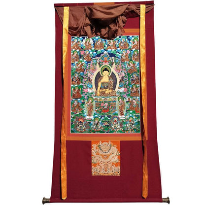 Gandhanra Tibetan Thangka Art - Shakyamuni and Eighteen Arhats - from Kathok Monastery - Giclee Print with Mineral Pigments