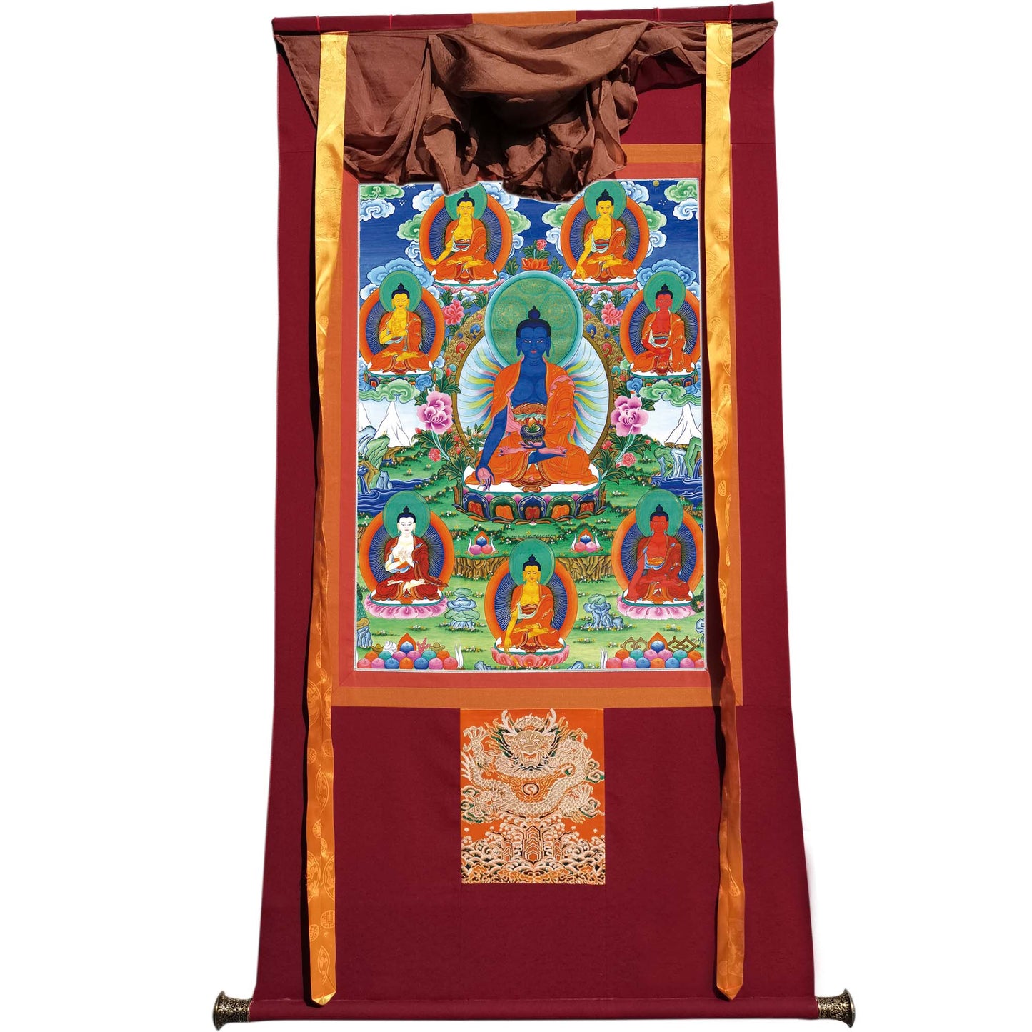 Gandhanra Tibetan Thangka Art - Bhaisajyaguru - Eight Medicine Buddhas - from Kathok Monastery - Giclee Print with Mineral Pigments