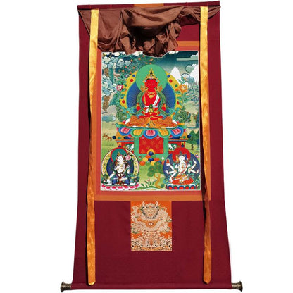 Gandhanra Tibetan Thangka Art - Amitayus - Three Buddhas of Longevity - from Kathok Monastery - Giclee Print with Mineral Pigments