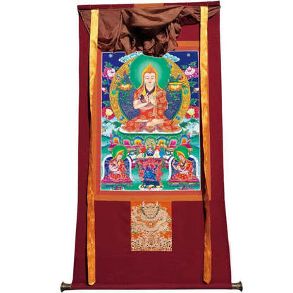 Tsongkhapa and His 2 Disciples - Tibetan thangka painting, view 7