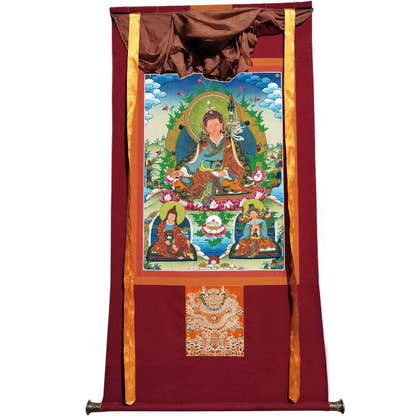 Padmasambhava - Guru Rinpoche with King Trisong Detsen & Shantarakshita - Tibetan thangka painting, view 7