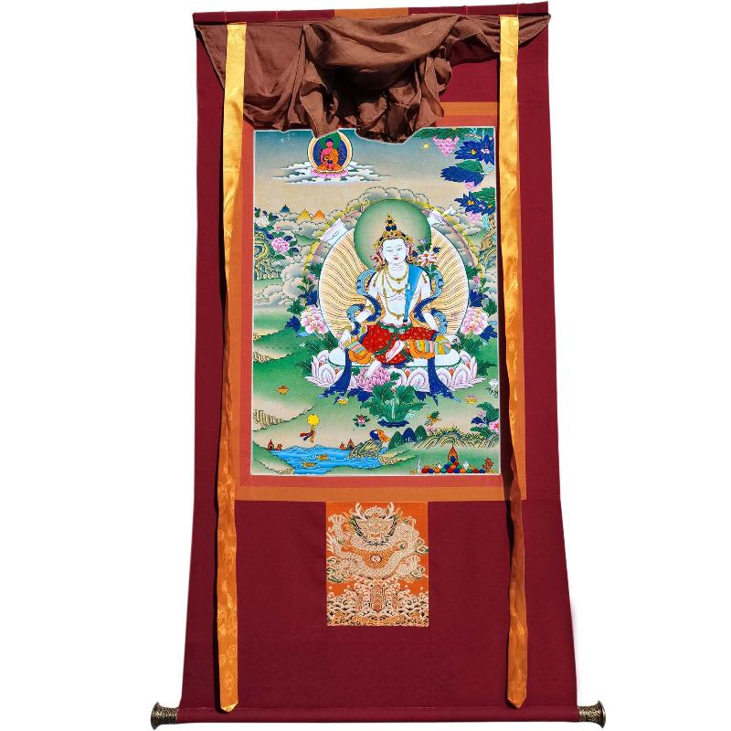 Gandhanra Hand Framed Tibetan Thangka Art,White Tara, Buddhist Tapestry,Giclee Print with Mineral Pigments,48" × 32"