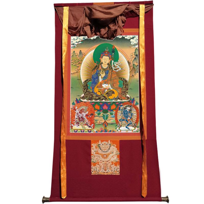 Gandhanra Handmade Thangka - Padmasambhava - Guru Rinpoche with King Trisong Detsen & Shantarakshita - from Kathok Monastery