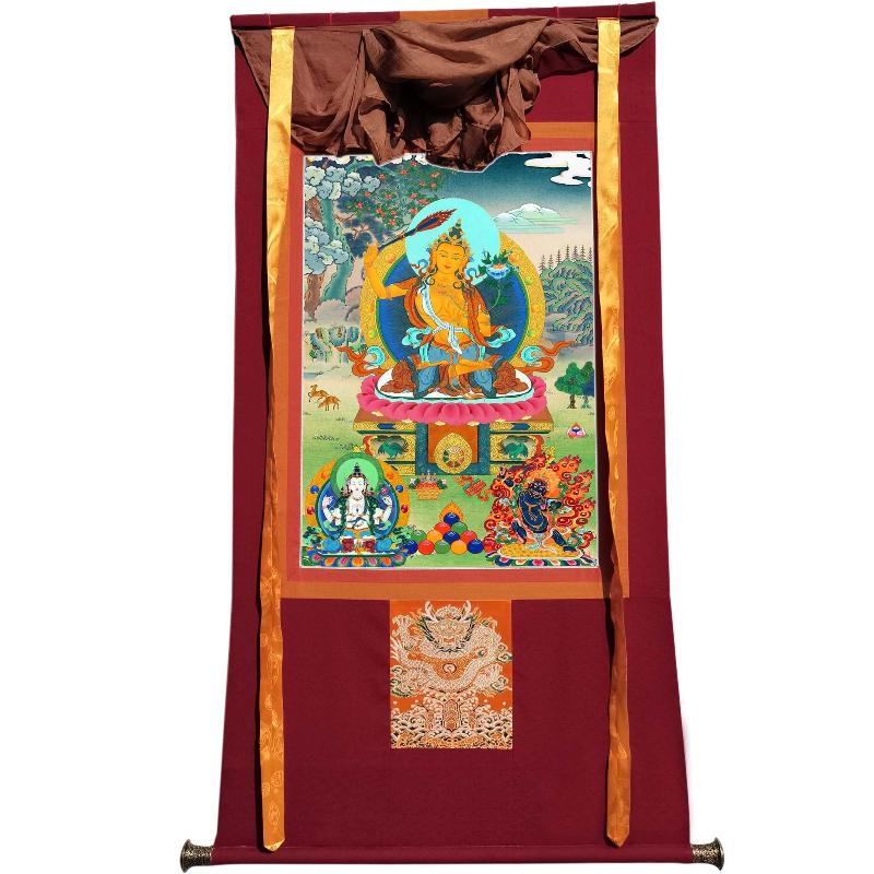 Gandhanra Tibetan Thangka Art - Manjushri Chenrezig Vajrapani - from Kathok Monastery - Giclee Print with Mineral Pigments