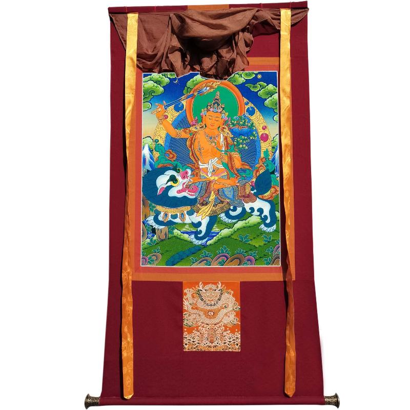 Gandhanra Tibetan Thangka Art - Manjushri on a Lion - from Kathok Monastery - Giclee Print with Mineral Pigments