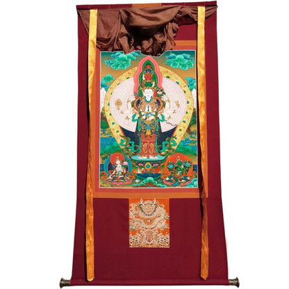 Gandhanra Tibetan Thangka Art - The Thousand-hand Avalokiteshvara - Great White Parasol - from Kathok Monastery - Giclee Print with Mineral Pigments