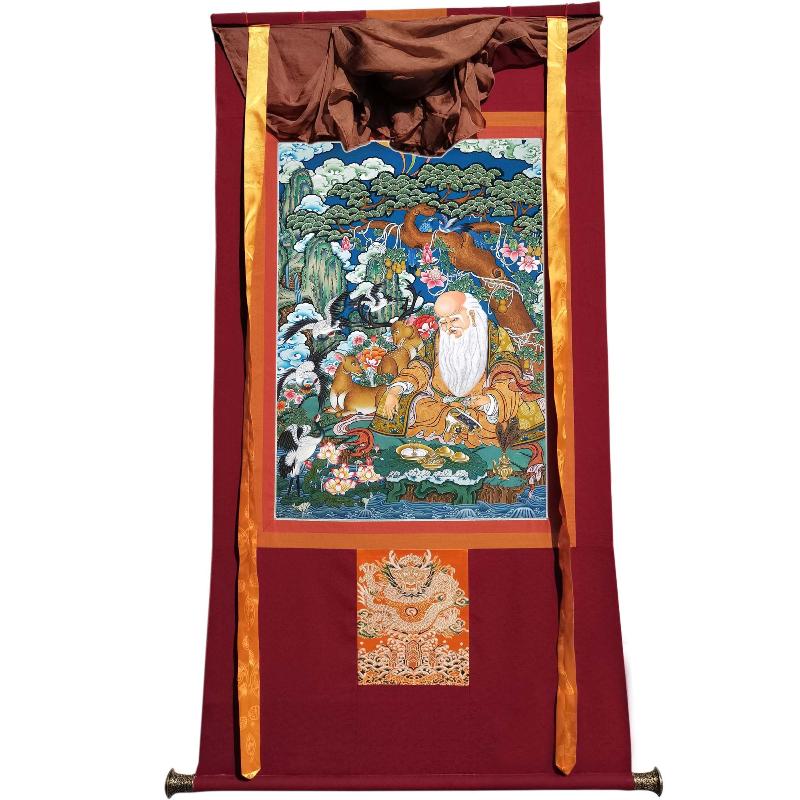 Gandhanra Tibetan Thangka Art -  Fulushou - God of Longevity - from Kathok Monastery - Giclee Print with Mineral Pigments