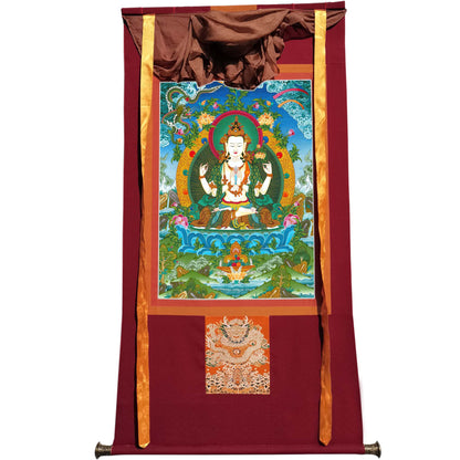 Gandhanra Tibetan Thangka Art - Chenrezig - Padmapani - from Kathok Monastery - Giclee Print with Mineral Pigments