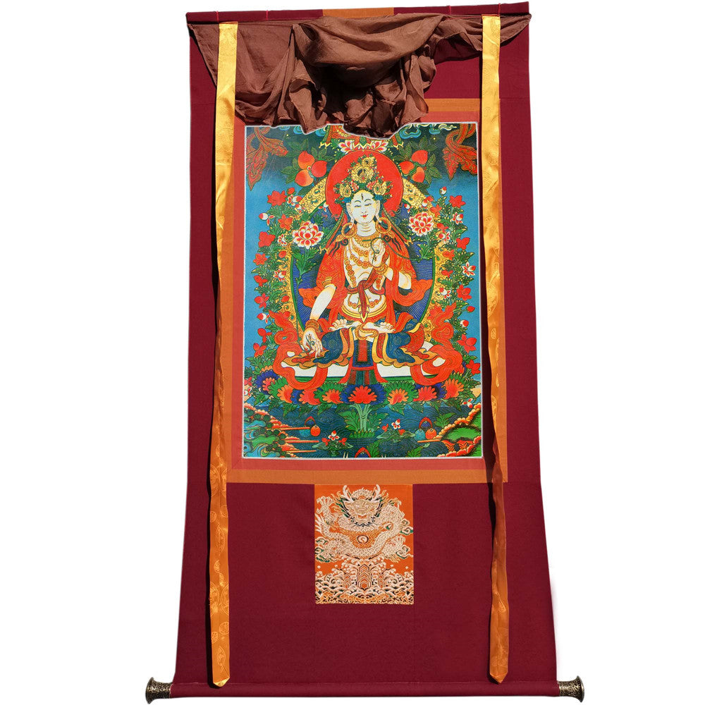 Gandhanra Hand Framed Tibetan Thangka Art,White Tara, Buddhist Tapestry,Giclee Print with Mineral Pigments,48" × 32"