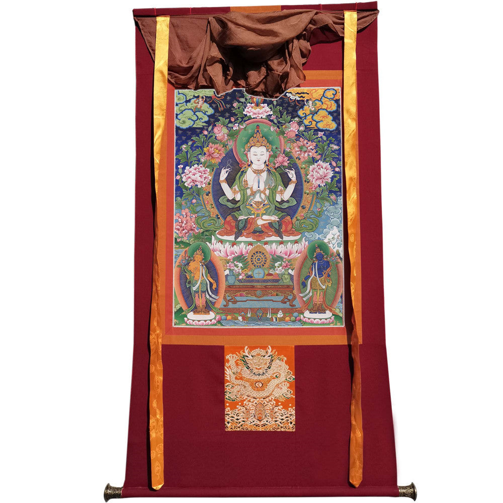 Gandhanra Tibetan Thangka Art - Chenrezig - Padmapani - from Kathok Monastery - Giclee Print with Mineral Pigments