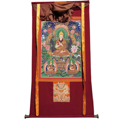 Tsongkhapa and His 2 Disciples - Tibetan thangka painting, view 7