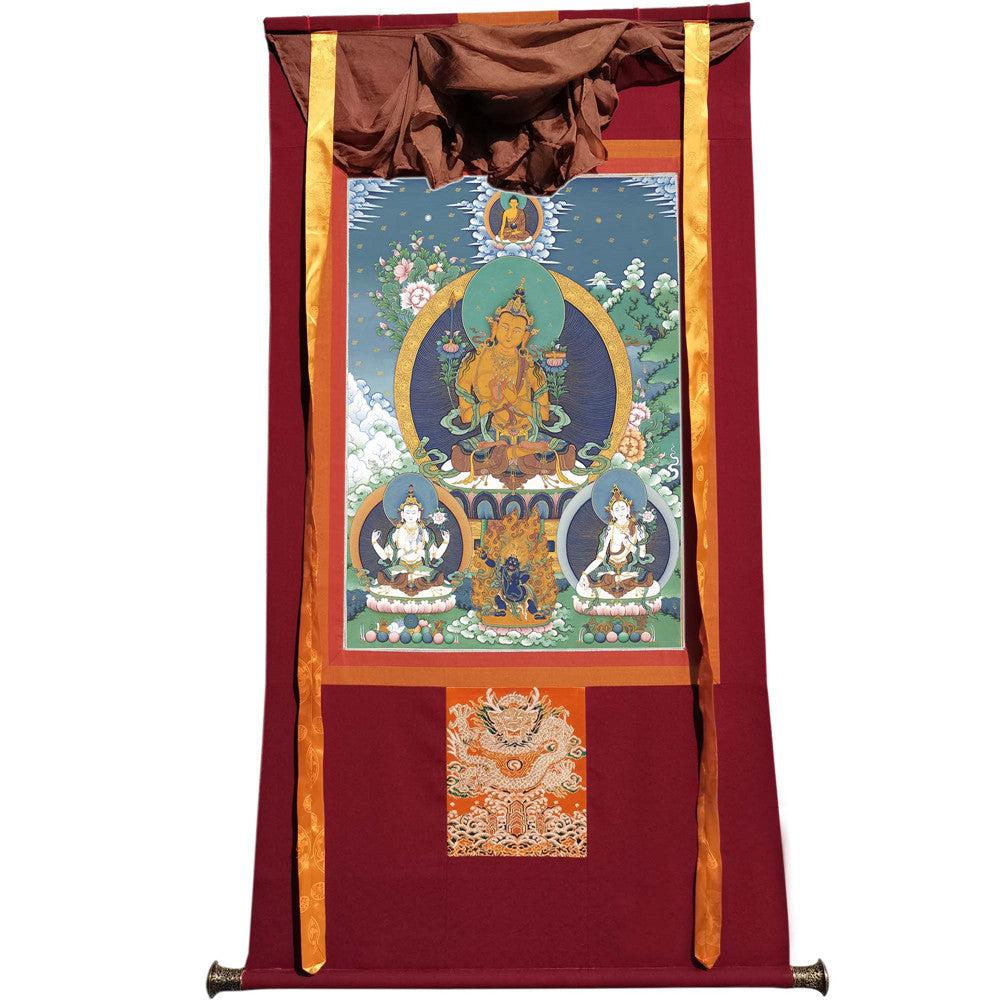 Gandhanra Tibetan Thangka Art - Manjushri Chenrezig Vajrapani - from Kathok Monastery - Giclee Print with Mineral Pigments