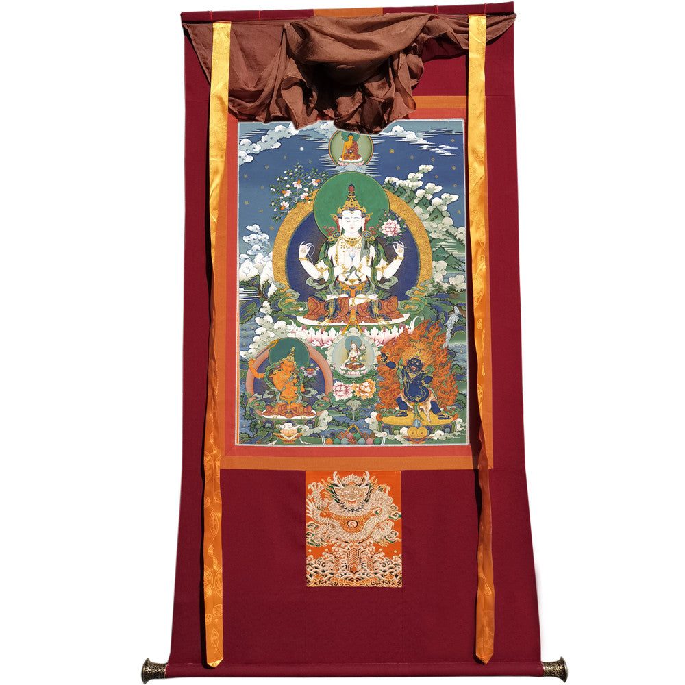 Gandhanra Tibetan Thangka Art - Chenrezig - Padmapani - from Kathok Monastery - Giclee Print with Mineral Pigments