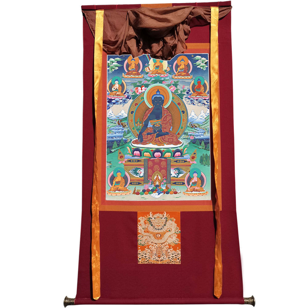 Gandhanra Tibetan Thangka Art - Bhaisajyaguru - Eight Medicine Buddhas - from Kathok Monastery - Giclee Print with Mineral Pigments