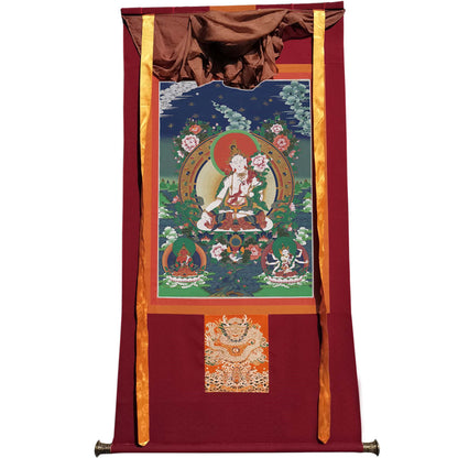 Gandhanra Hand Framed Tibetan Thangka Art,White Tara, Buddhist Tapestry,Giclee Print with Mineral Pigments,48" × 32"