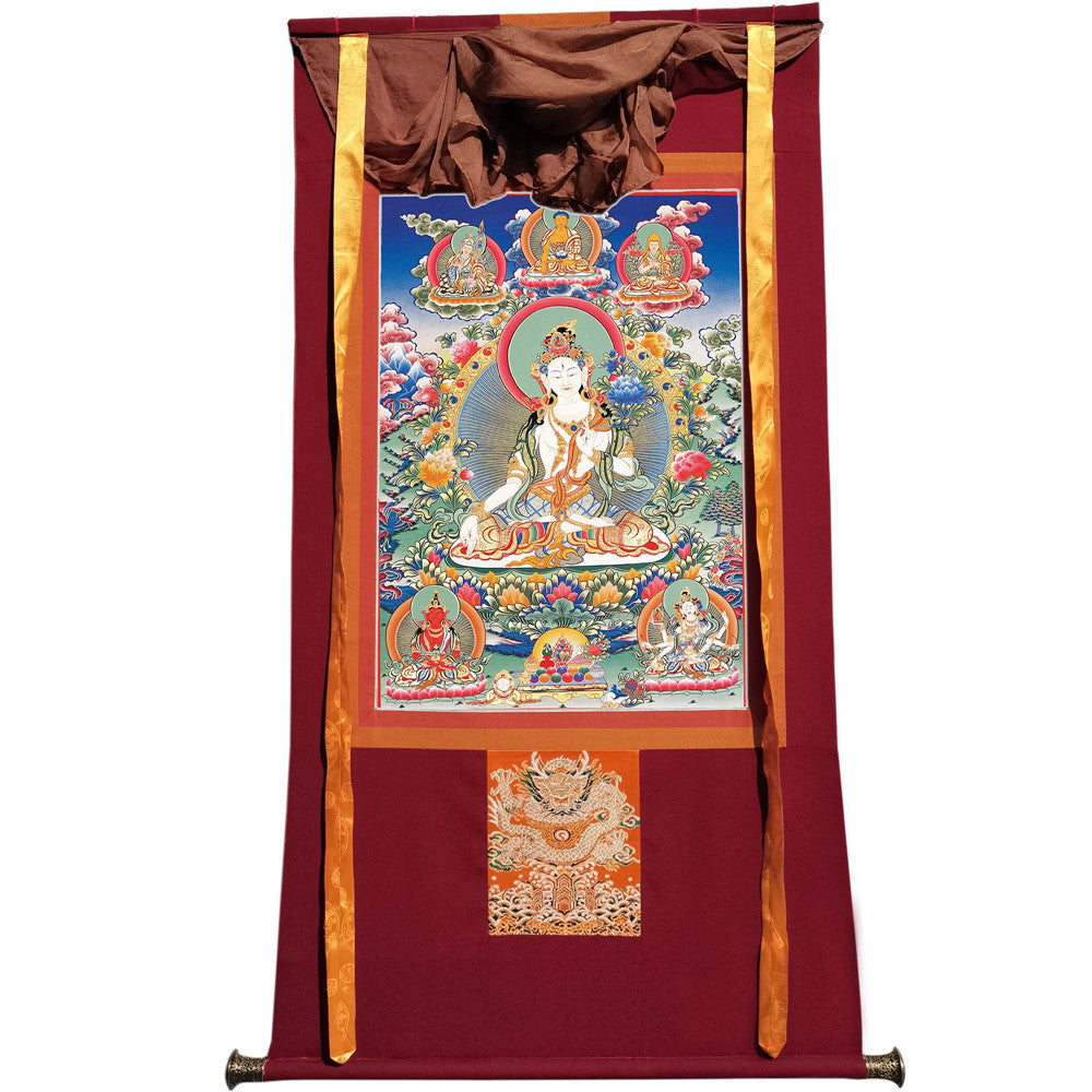 Gandhanra Hand Framed Tibetan Thangka Art,White Tara, Buddhist Tapestry,Giclee Print with Mineral Pigments,48" × 32"