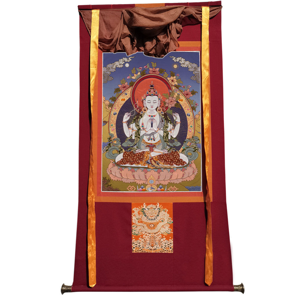 Gandhanra Tibetan Thangka Art - Chenrezig - Padmapani - from Kathok Monastery - Giclee Print with Mineral Pigments