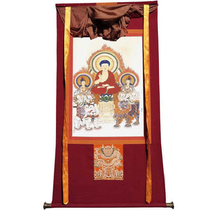 Shakyamuni,Manjusri,Samantabhadra Image - Tibetan thangka painting, view 12