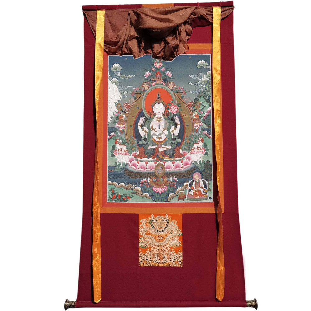 Gandhanra Tibetan Thangka Art - Chenrezig - Padmapani - from Kathok Monastery - Giclee Print with Mineral Pigments