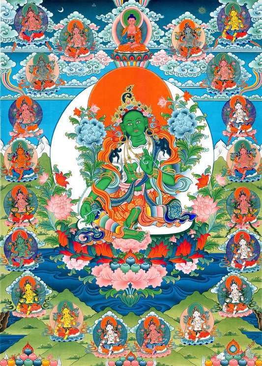 Gandhanra Tibetan Thangka Art - The 21 Taras - Green Tara - from Kathok Monastery - Giclee Print with Mineral Pigments