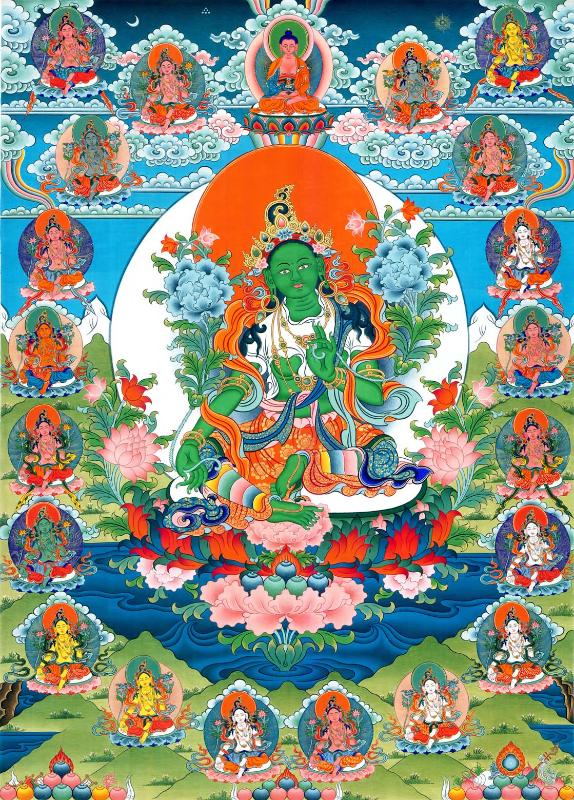 Gandhanra Tibetan Thangka Art - The 21 Taras - Green Tara - from Kathok Monastery - Giclee Print with Mineral Pigments