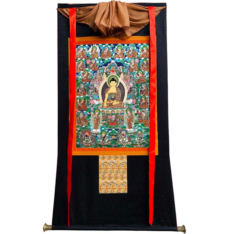 Gandhanra Tibetan Thangka Art - Shakyamuni and Eighteen Arhats - from Kathok Monastery - Giclee Print with Mineral Pigments