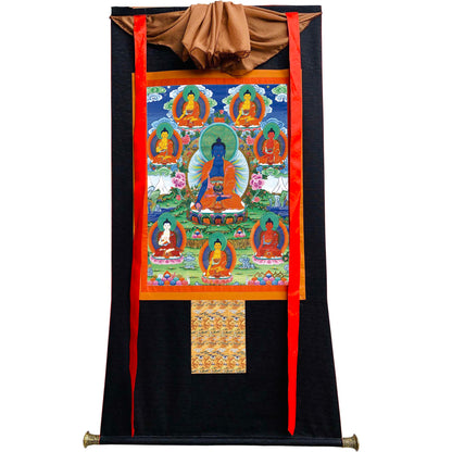 Gandhanra Tibetan Thangka Art - Bhaisajyaguru - Eight Medicine Buddhas - from Kathok Monastery - Giclee Print with Mineral Pigments