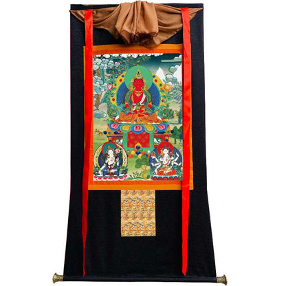 Gandhanra Tibetan Thangka Art - Amitayus - Three Buddhas of Longevity - from Kathok Monastery - Giclee Print with Mineral Pigments