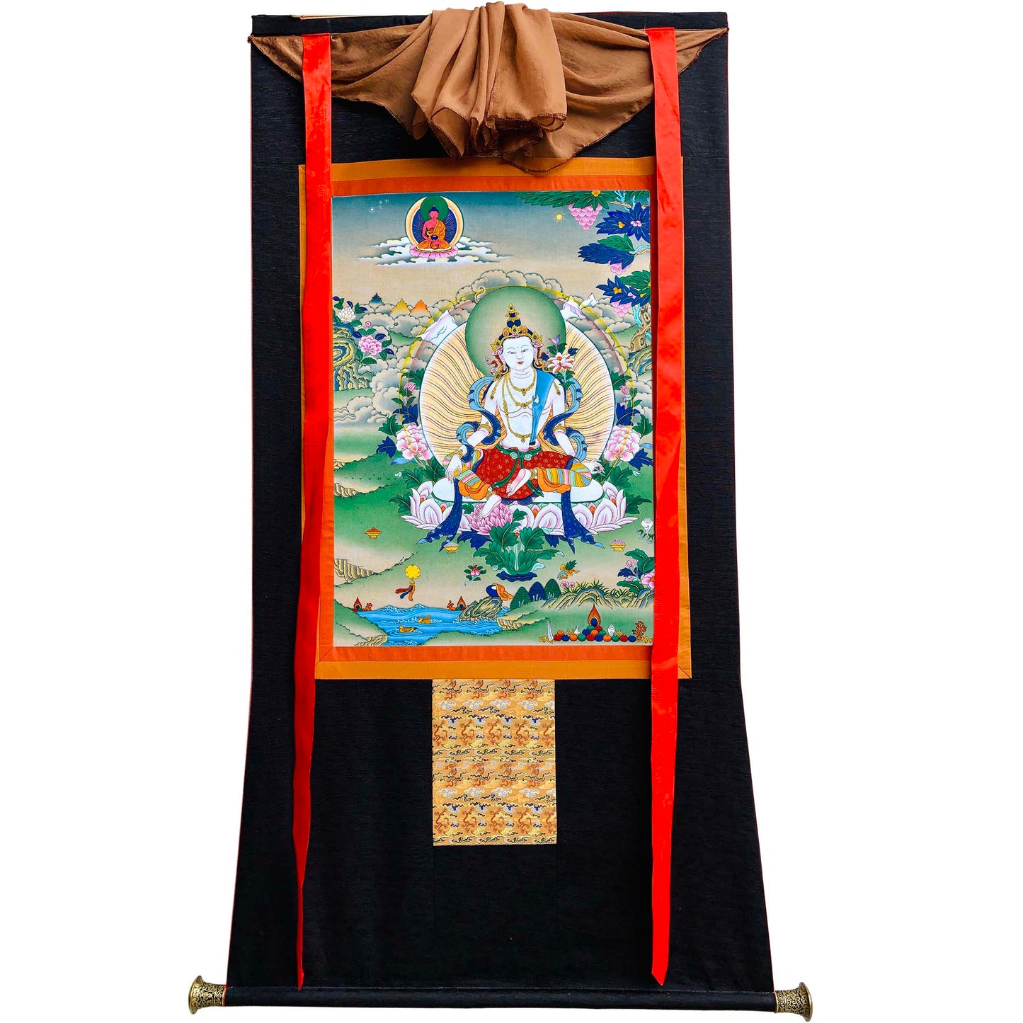 Gandhanra Hand Framed Tibetan Thangka Art,White Tara, Buddhist Tapestry,Giclee Print with Mineral Pigments,48" × 32"