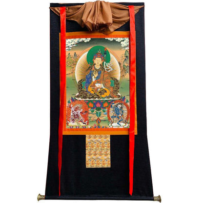 Gandhanra Handmade Thangka - Padmasambhava - Guru Rinpoche with King Trisong Detsen & Shantarakshita - from Kathok Monastery