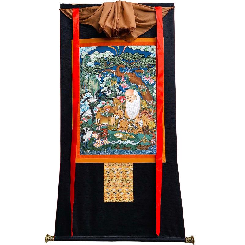 Gandhanra Tibetan Thangka Art -  Fulushou - God of Longevity - from Kathok Monastery - Giclee Print with Mineral Pigments