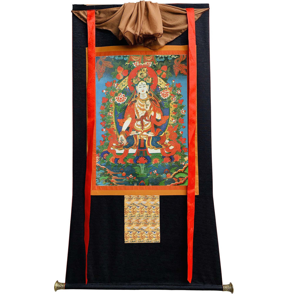 Gandhanra Hand Framed Tibetan Thangka Art,White Tara, Buddhist Tapestry,Giclee Print with Mineral Pigments,48" × 32"