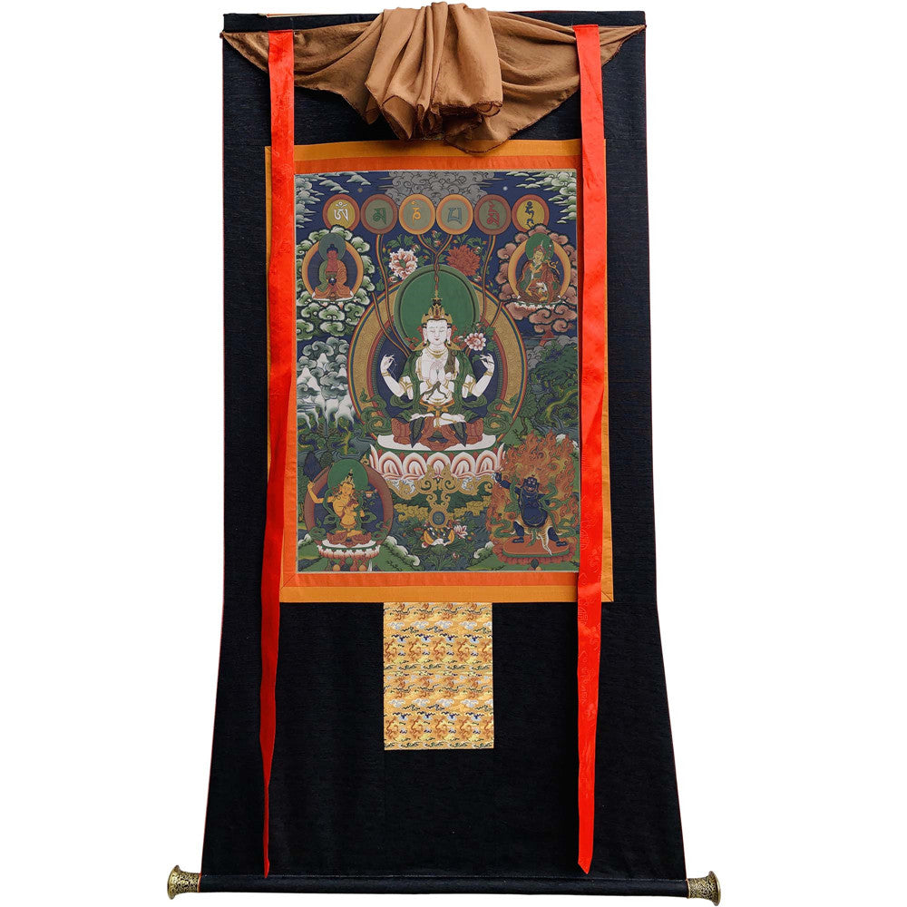 Gandhanra Tibetan Thangka Art - Chenrezig - Padmapani - from Kathok Monastery - Giclee Print with Mineral Pigments