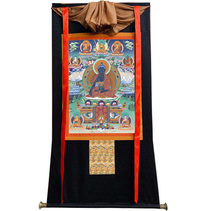 Gandhanra Tibetan Thangka Art - Bhaisajyaguru - Eight Medicine Buddhas - from Kathok Monastery - Giclee Print with Mineral Pigments