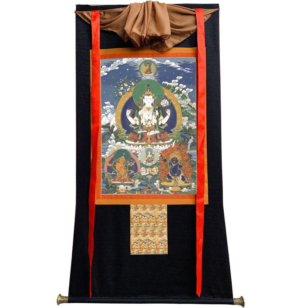 Gandhanra Tibetan Thangka Art - Chenrezig - Padmapani - from Kathok Monastery - Giclee Print with Mineral Pigments