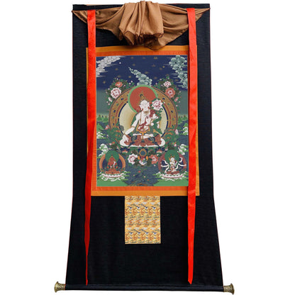 Gandhanra Hand Framed Tibetan Thangka Art,White Tara, Buddhist Tapestry,Giclee Print with Mineral Pigments,48" × 32"