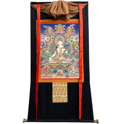 Gandhanra Hand Framed Tibetan Thangka Art,White Tara, Buddhist Tapestry,Giclee Print with Mineral Pigments,48" × 32"