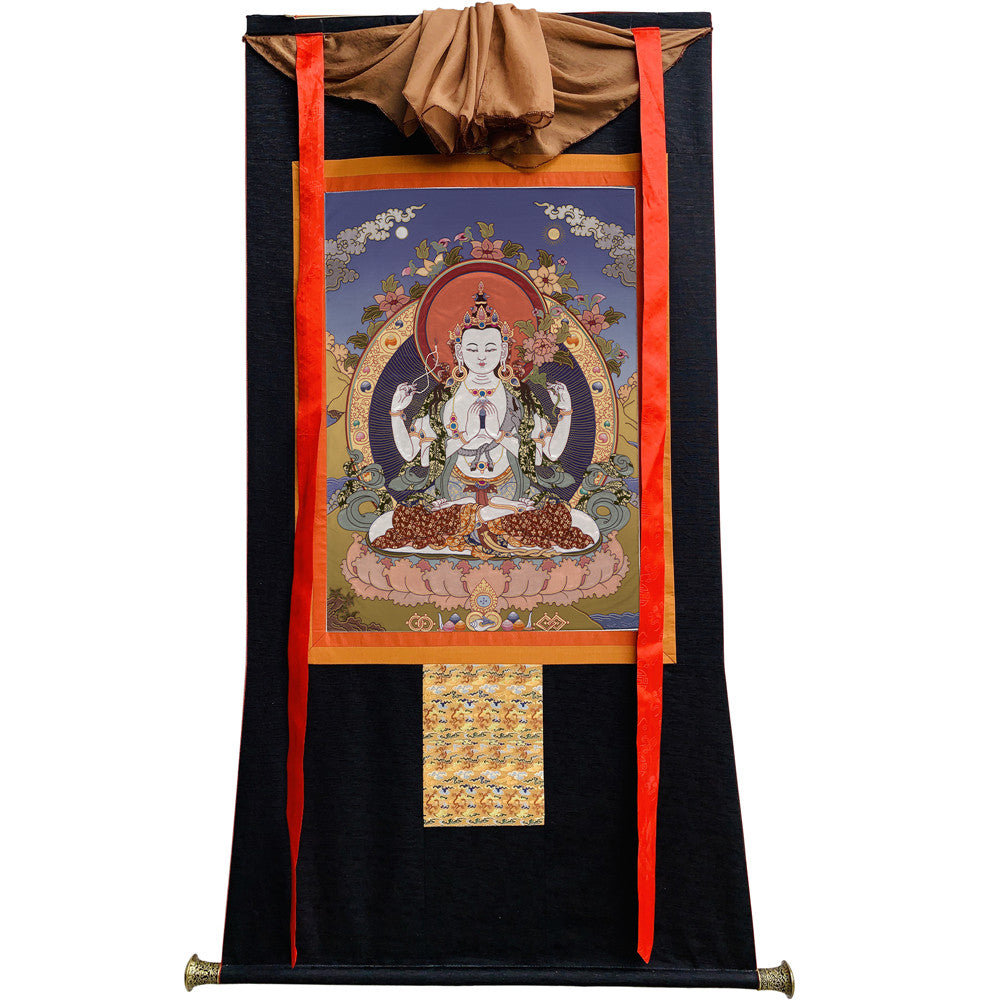 Gandhanra Tibetan Thangka Art - Chenrezig - Padmapani - from Kathok Monastery - Giclee Print with Mineral Pigments