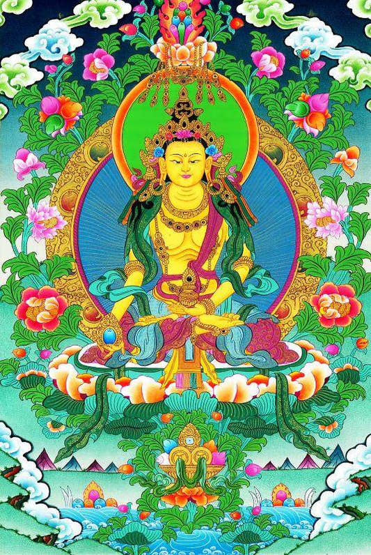 Ksitigarbha Bodhisattva - Tibetan thangka painting, front view