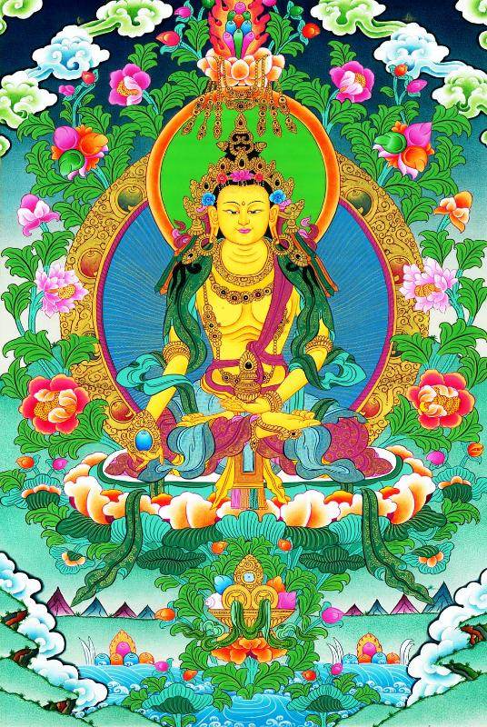 Ksitigarbha Bodhisattva - Tibetan thangka painting, front view