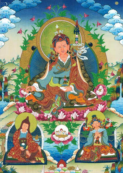 Padmasambhava - Guru Rinpoche with King Trisong Detsen & Shantarakshita - Tibetan thangka painting, front view