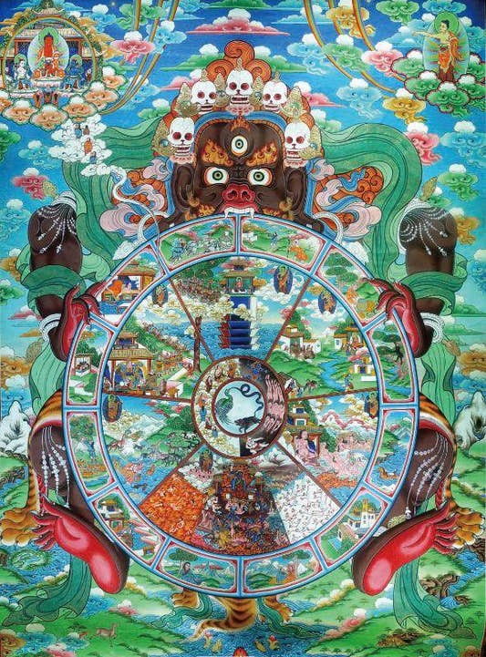 Samsara - Six Realm Wheel of Life - Tibetan thangka painting, front view