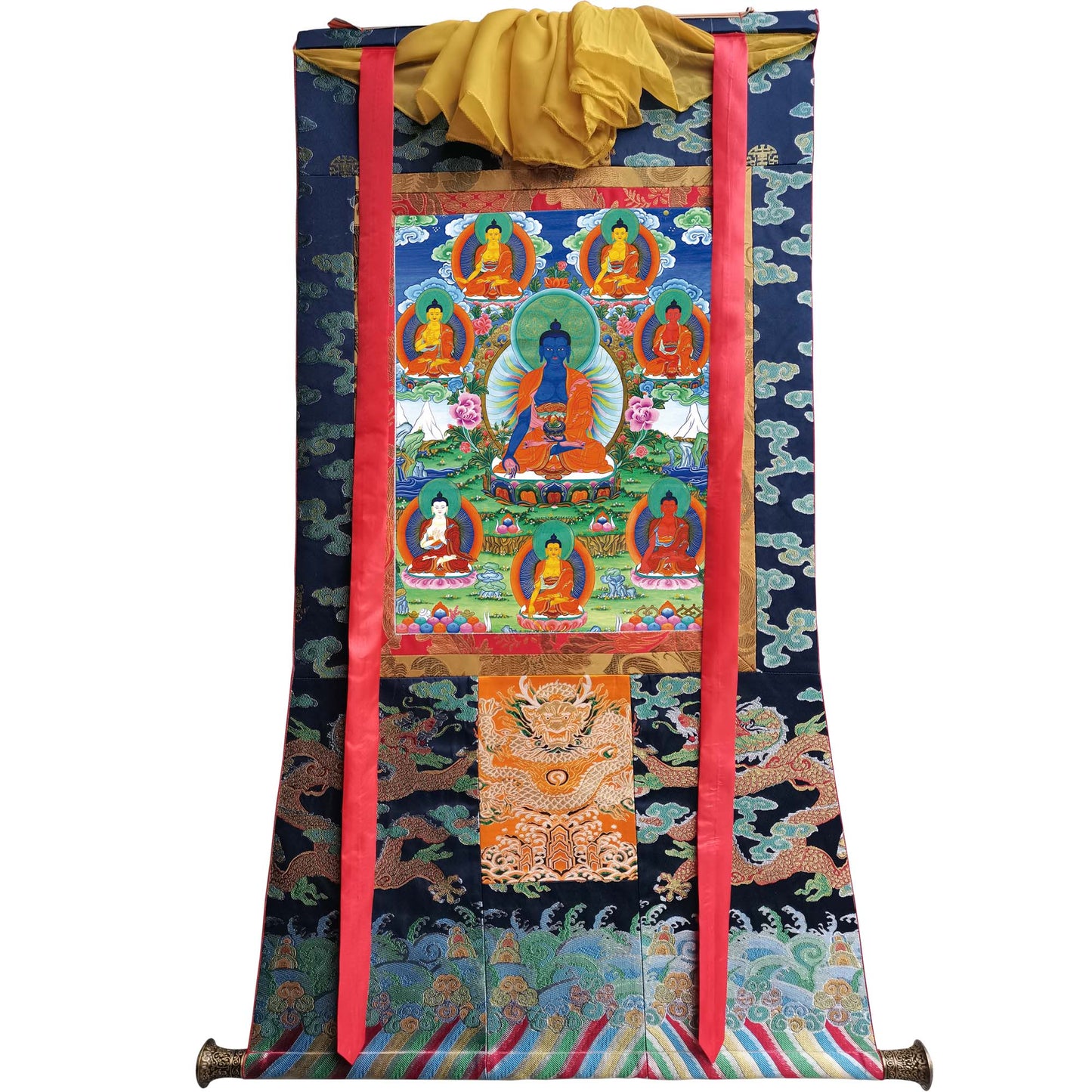 Gandhanra Tibetan Thangka Art - Bhaisajyaguru - Eight Medicine Buddhas - from Kathok Monastery - Giclee Print with Mineral Pigments