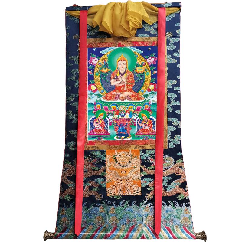 Gandhanra Tibetan Thangka Art - Tsongkhapa and His 2 Disciples - from Labrang Monastery - Giclee Print with Mineral Pigments