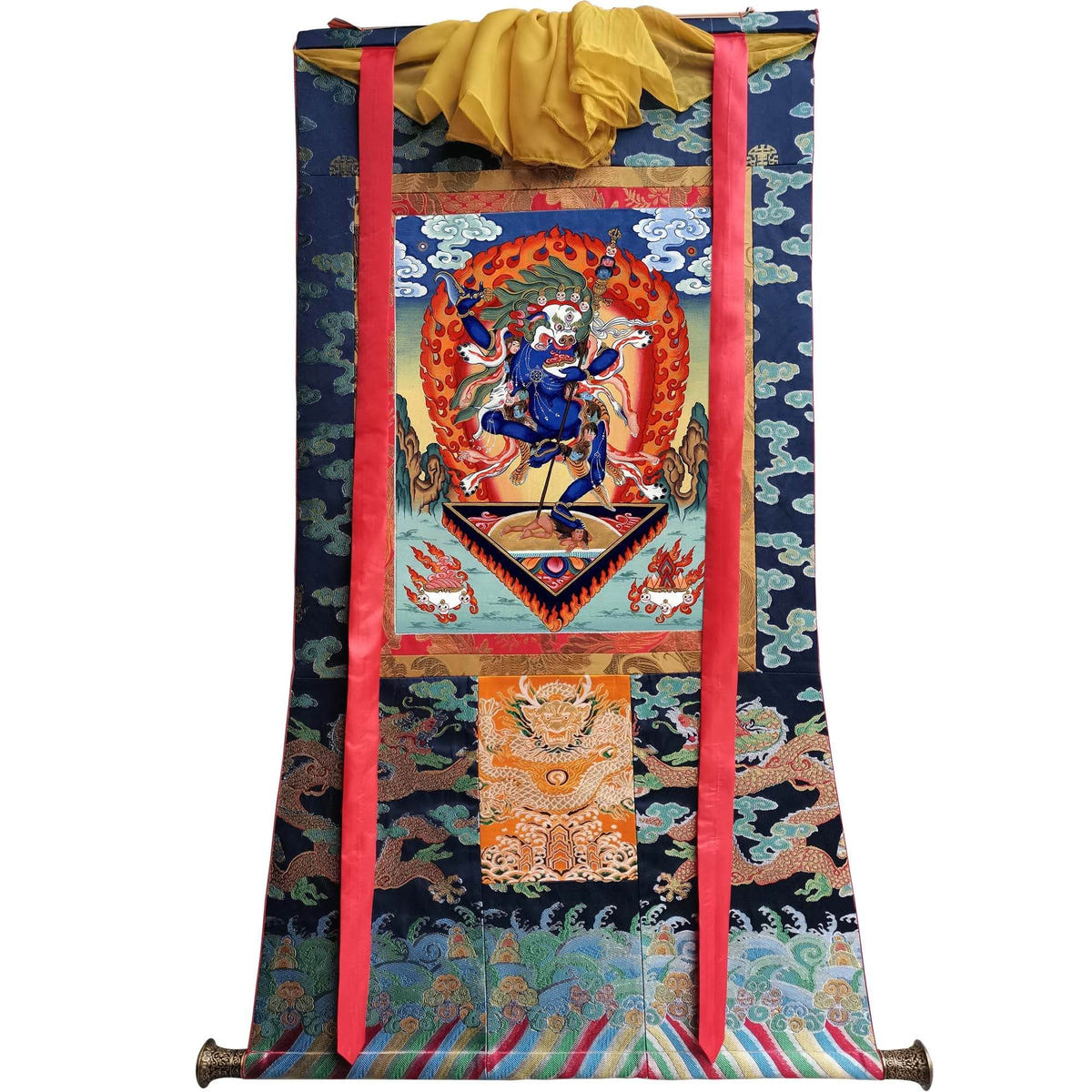 Lion-faced Dakini - Simhamukha - -Simhavaktra -Longsal Sengmar - Tibetan thangka painting, size reference