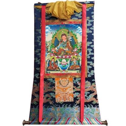 Padmasambhava - Guru Rinpoche with King Trisong Detsen & Shantarakshita - Tibetan thangka painting, view 9