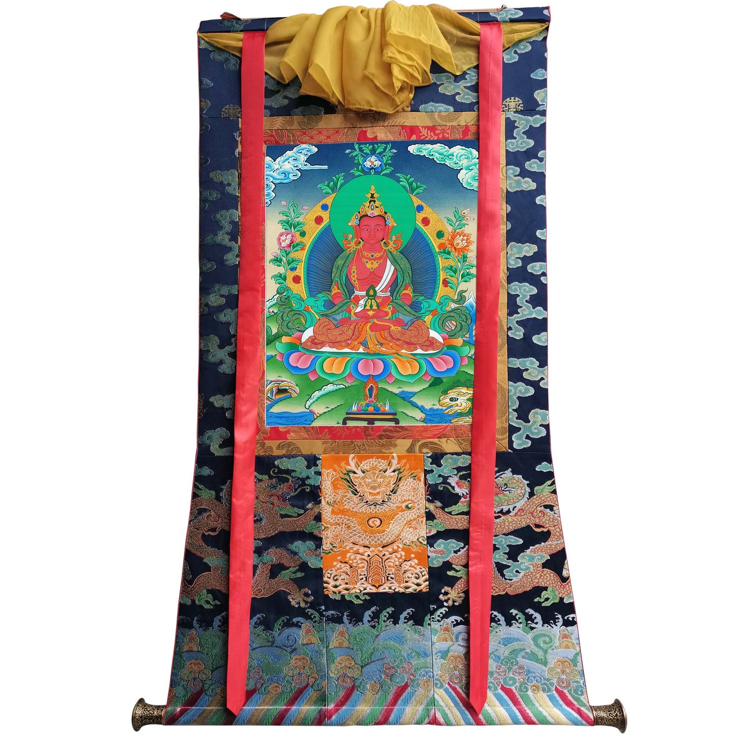 Gandhanra Tibetan Thangka Art - Amitayus - the Buddha of Longevity - from Kathok Monastery - Giclee Print with Mineral Pigments