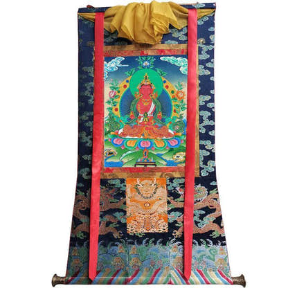 Amitayus - the Buddha of Longevity - Tibetan thangka painting, size reference