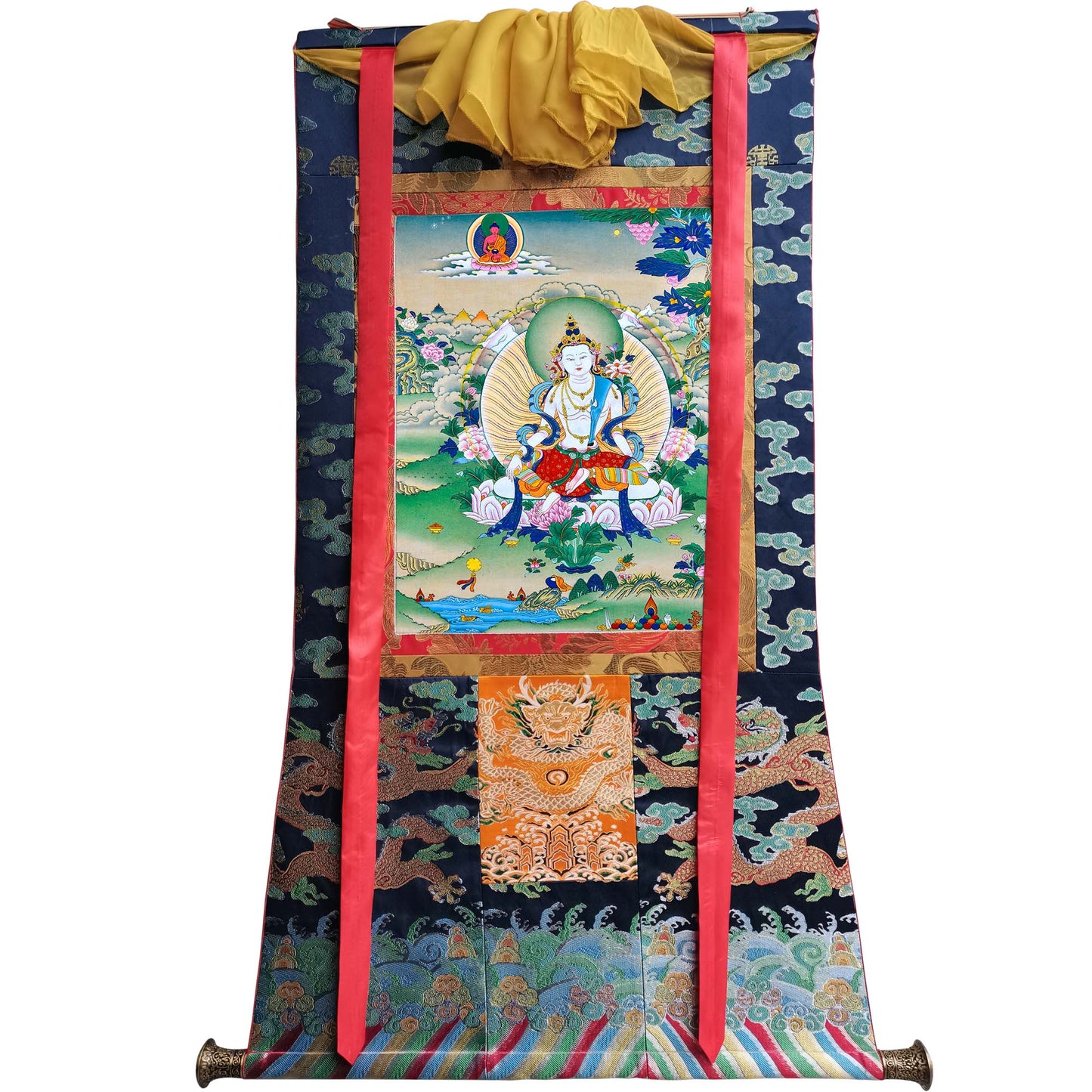 Gandhanra Hand Framed Tibetan Thangka Art,White Tara, Buddhist Tapestry,Giclee Print with Mineral Pigments,48" × 32"